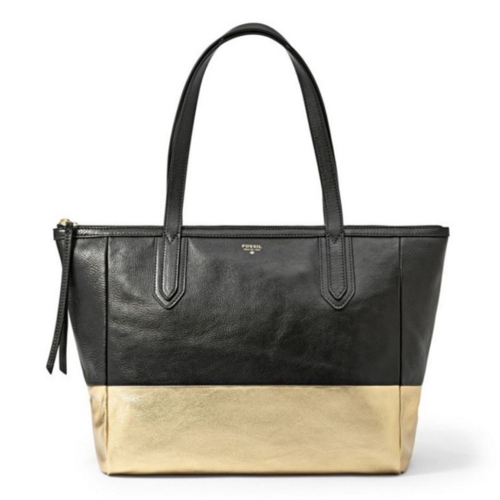 Fossil Leather Shopper Tote in gold/black
